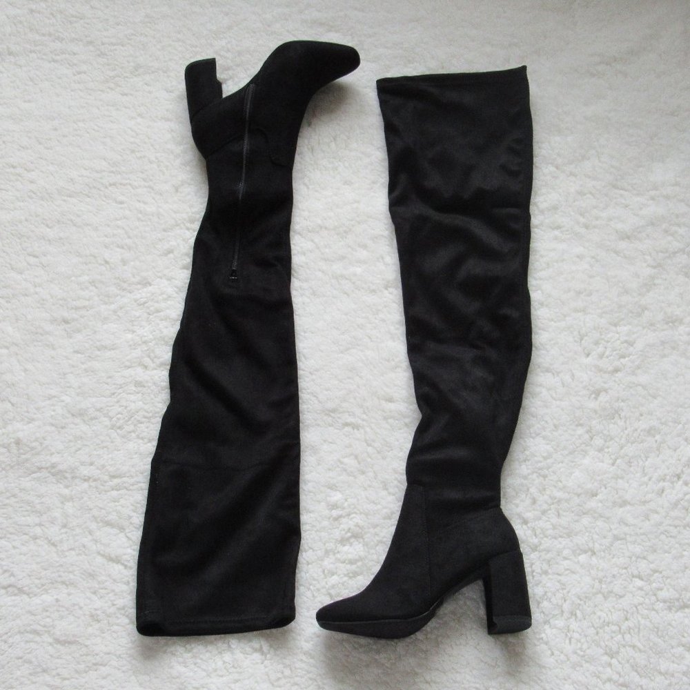 Over the Knee Boots Black Suede Heel Tall US 5.5